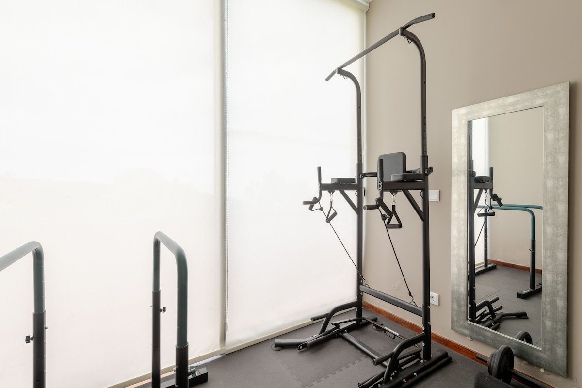 Home gym with a weight bench, barbell, and forest view