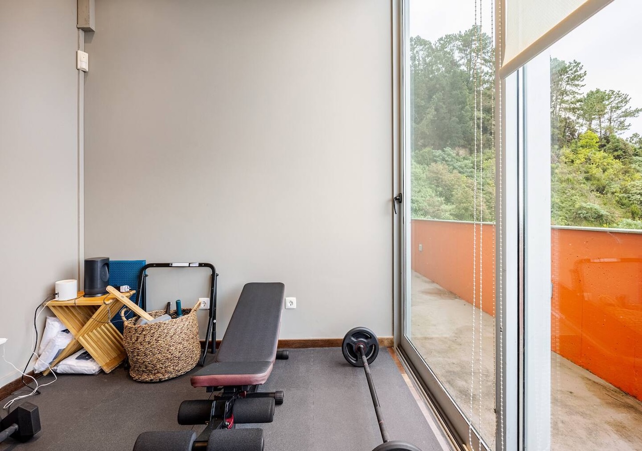 Home gym with a weight bench, barbell, and forest view