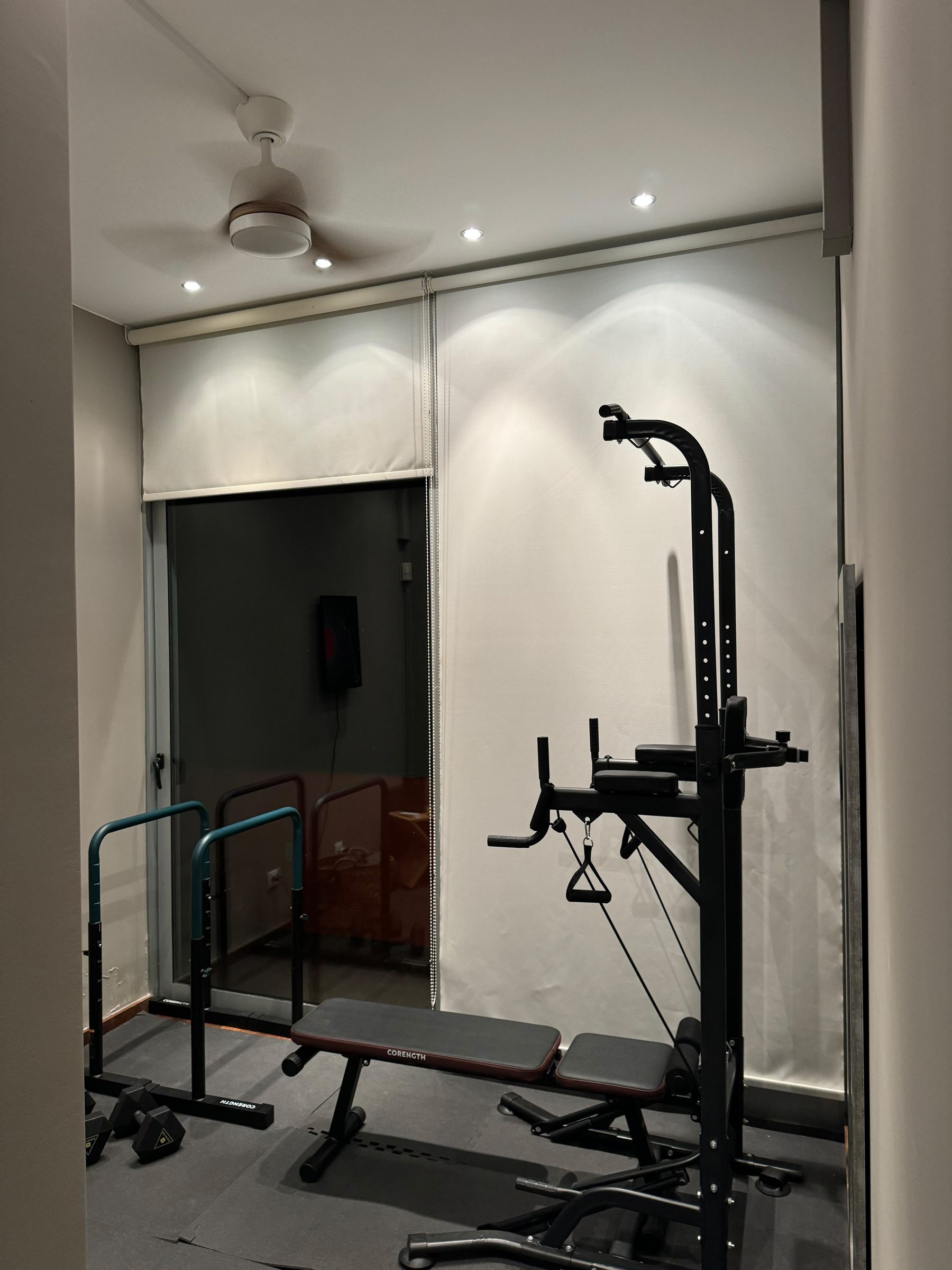 Indoor gym with a power tower, weight bench, and teal dip bars