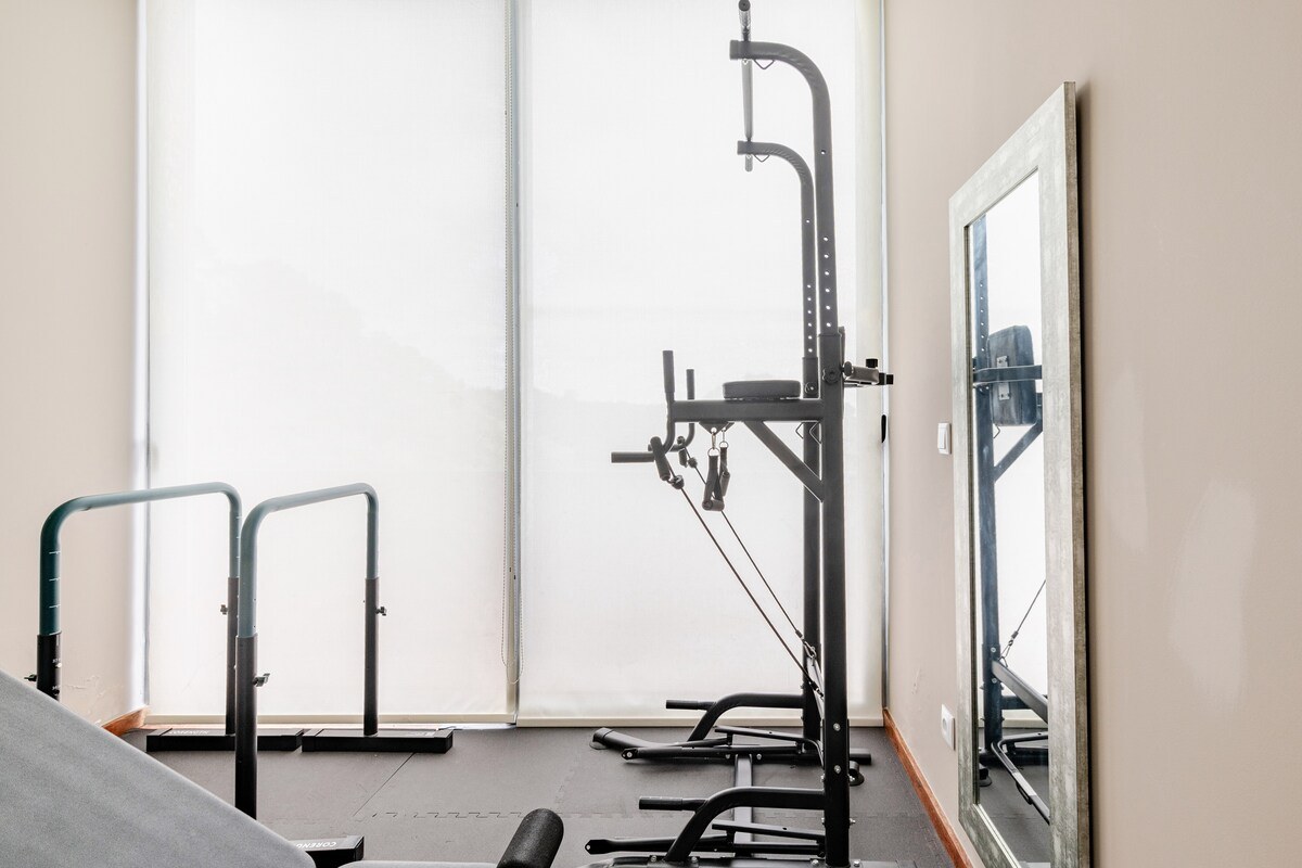 The private gym: bench, dip bars and a pull-up station, the orange terrace and the hills beyond the glass