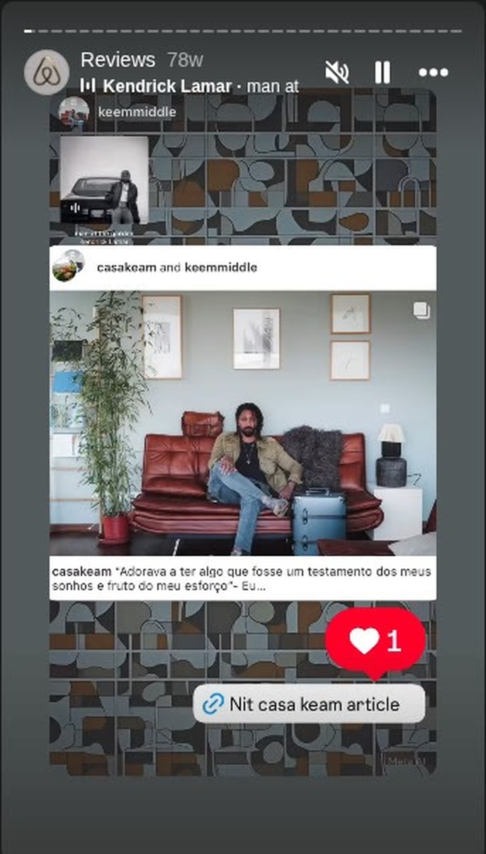 Casa Keam Instagram post of Markeem on the leather sofa, linking the Nit Casa Keam article