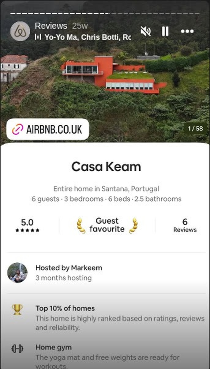 Airbnb listing screenshot: Casa Keam, entire home in Santana, 6 guests, 3 bedrooms, 2.5 bathrooms, 5.0 Guest favourite