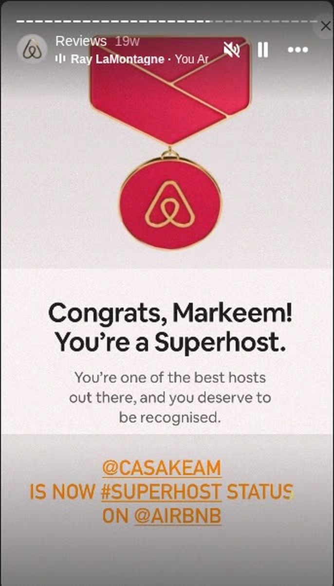 Airbnb Superhost: Congrats, Markeem! You're a Superhost. @casakeam is now Superhost status on Airbnb