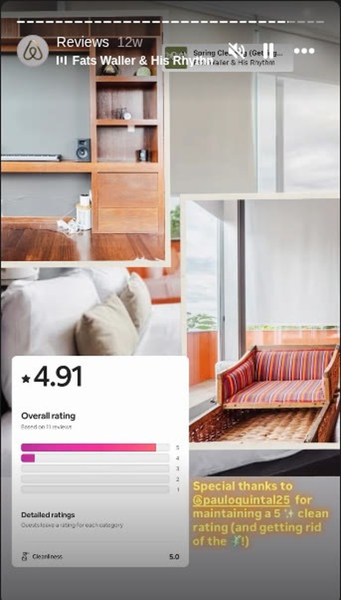 Airbnb overall rating 4.91 from 11 reviews, cleanliness 5.0 — thanks to @pauloquintal25
