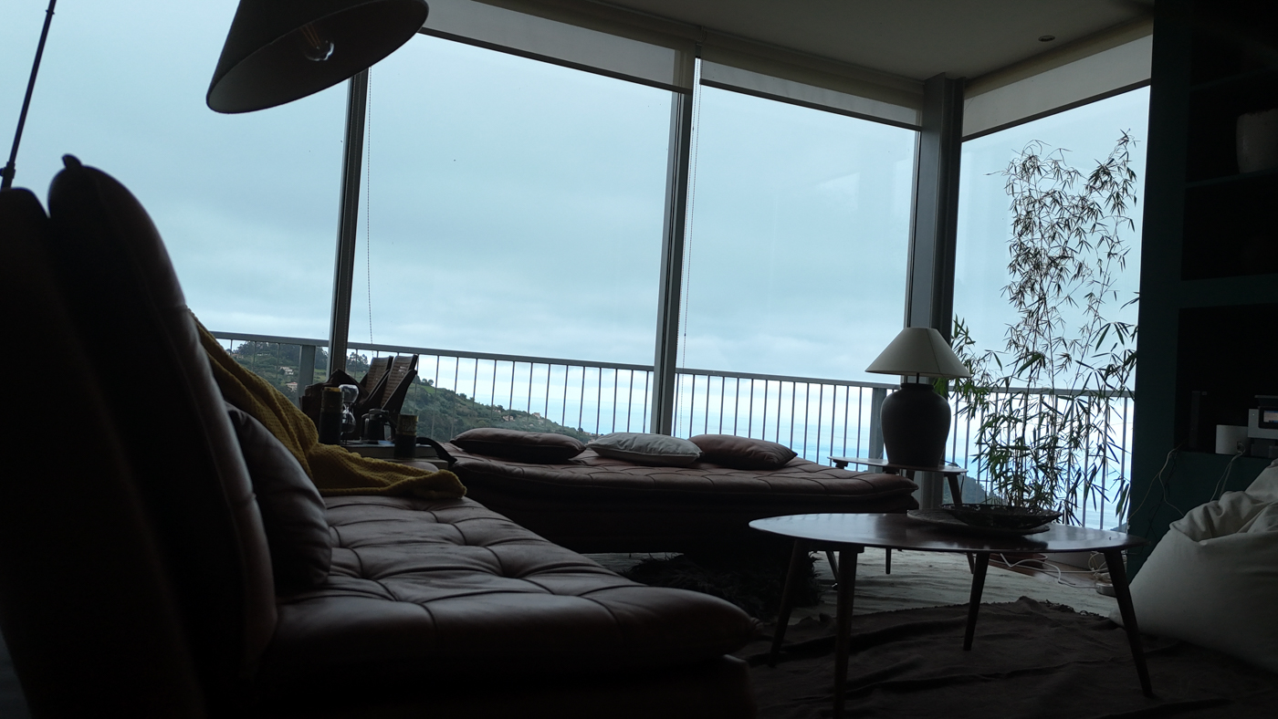 Living room looking out through the windows to the hillside and coast