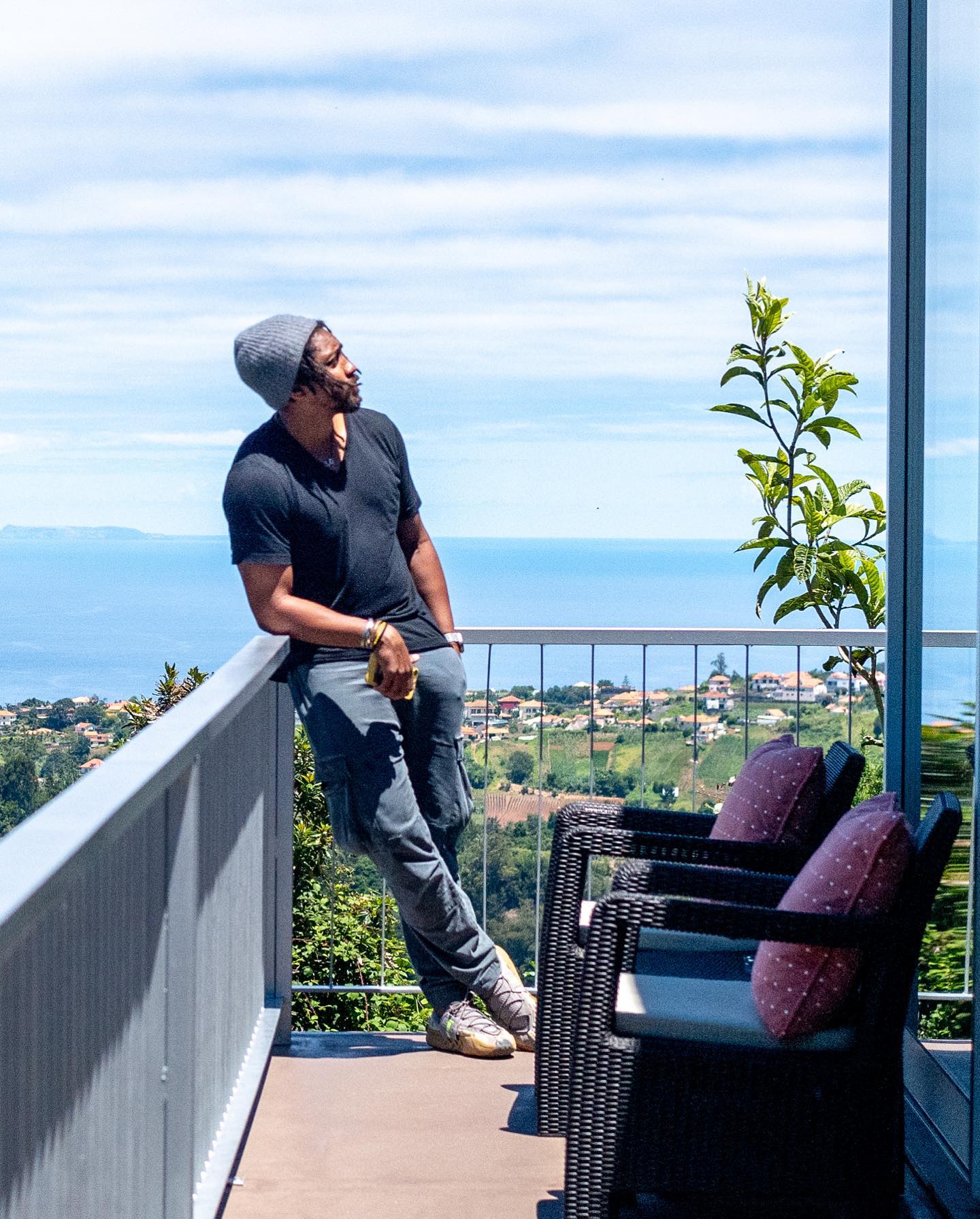 Keem on the terrace with the north-coast village and ocean beyond